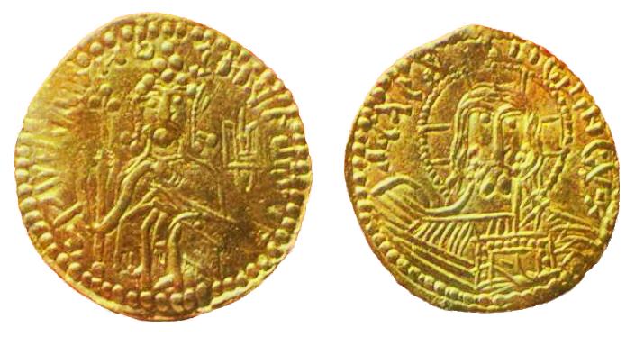 Zlatnyk of Prince Volodymyr the Great: obverse shows the prince on a throne with a trident and legend; reverse depicts the face of Jesus and legend 'А СЕ ЕГО ЗЛАТО'